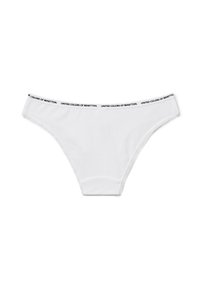 Witte katoenen slip met een smalle elastische tailleband met het merk "UNITED COLORS OF BENETTON" in het zwart. Glad textuur, minimalistisch ontwerp.