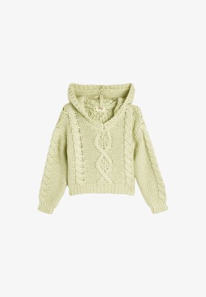 Vihreä neulepaita, jossa on huppu, kaapeli neulepinta ja V-pääntie. Lyhennetty malli, jossa on resorit hihansuissa ja helmassa.