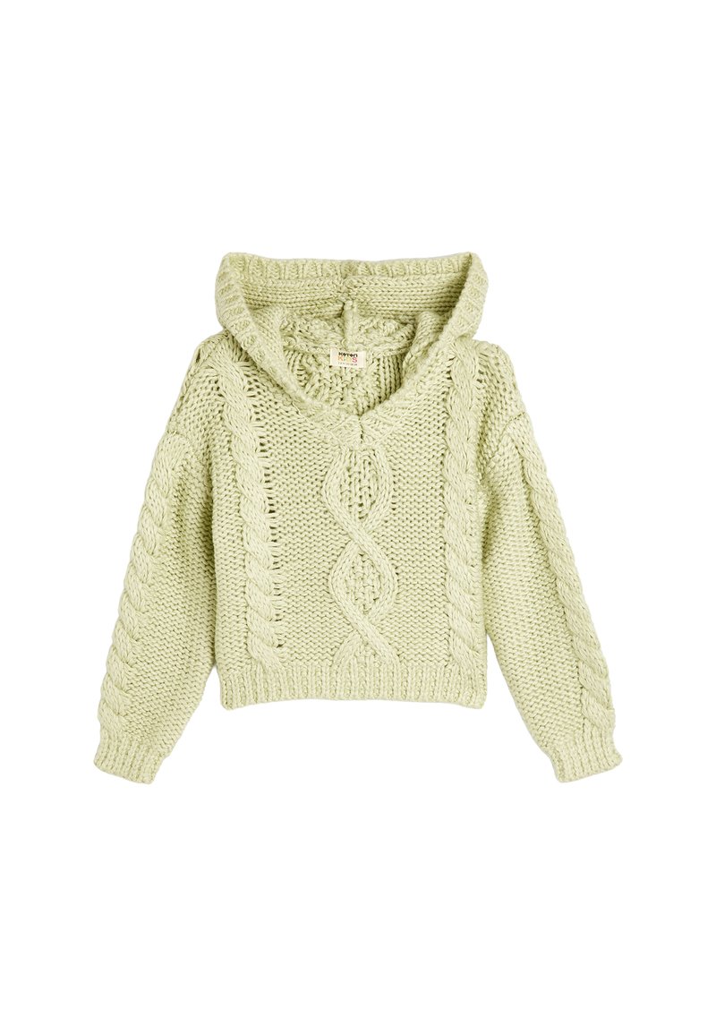 Ljusgrön stickad tröja med huva, som har en kabelstickad textur och en V-ringning. Kort modell med ribbade muddar och nederkant.