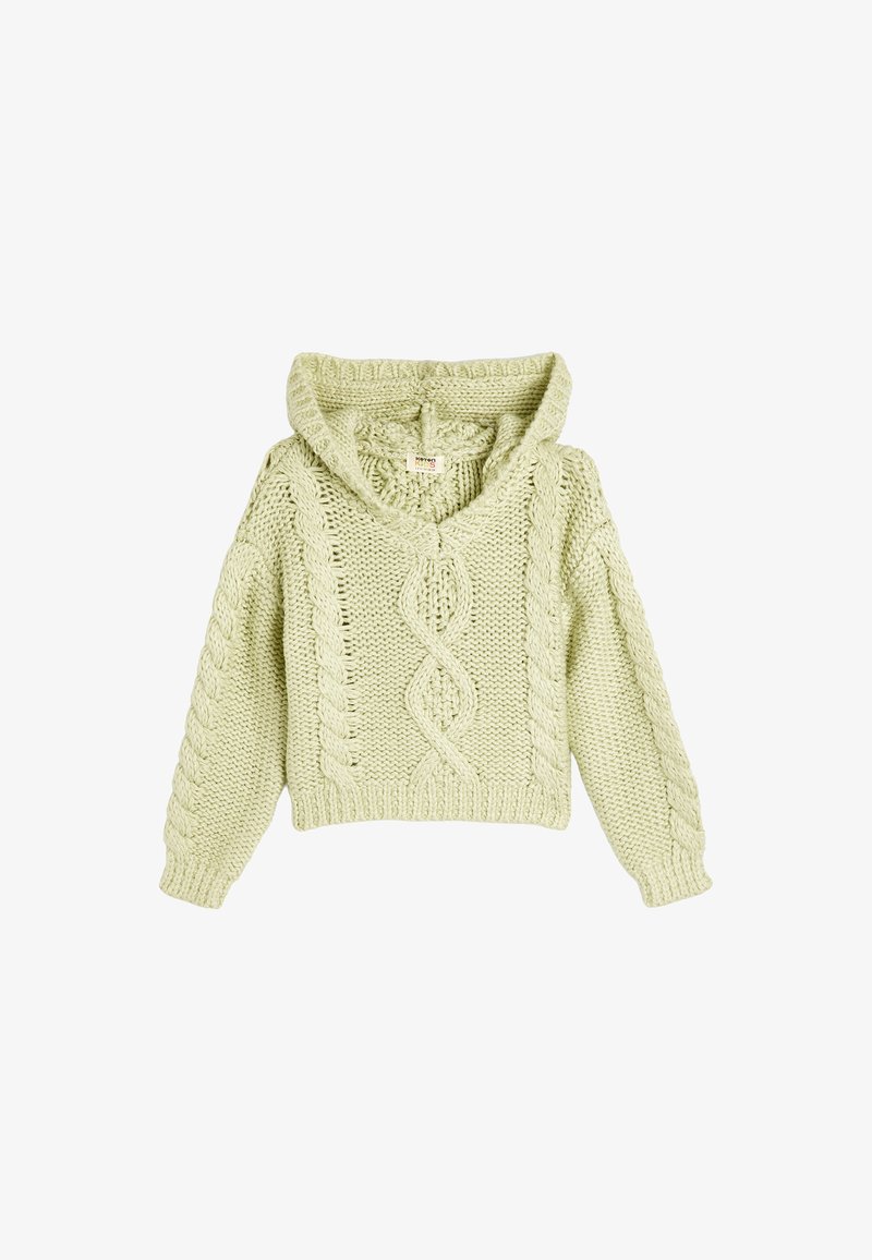 Suéter de punto verde claro con capucha, con textura de punto de cable y escote en V. Diseño cropped con puños y dobladillo acanalados.