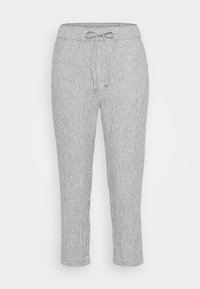 Pantalons de lounge rayés gris et blanc en tissu doux. Équipés d'une taille avec cordon de serrage, d'une longueur cropped et de poignets étroits aux chevilles.