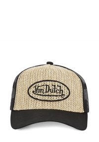Casquette de camionneur en paille avec un dos en maille noire, arborant un logo "Von Dutch" brodé en noir sur un oval au devant.