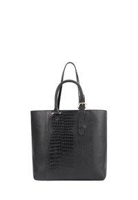 Sac fourre-tout en cuir noir avec un motif crocodile texturé d'un côté, finition lisse de l'autre, poignées doubles et accents en métal doré.