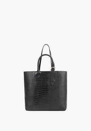Black leather tote bag with a textured crocodile pattern on one side, smooth finish on the other, dual handles, and gold hardware accents.