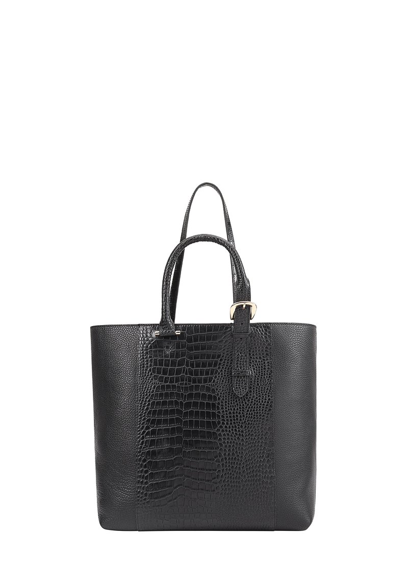 Sac fourre-tout en cuir noir avec un motif crocodile texturé d'un côté, finition lisse de l'autre, poignées doubles et accents en métal doré.