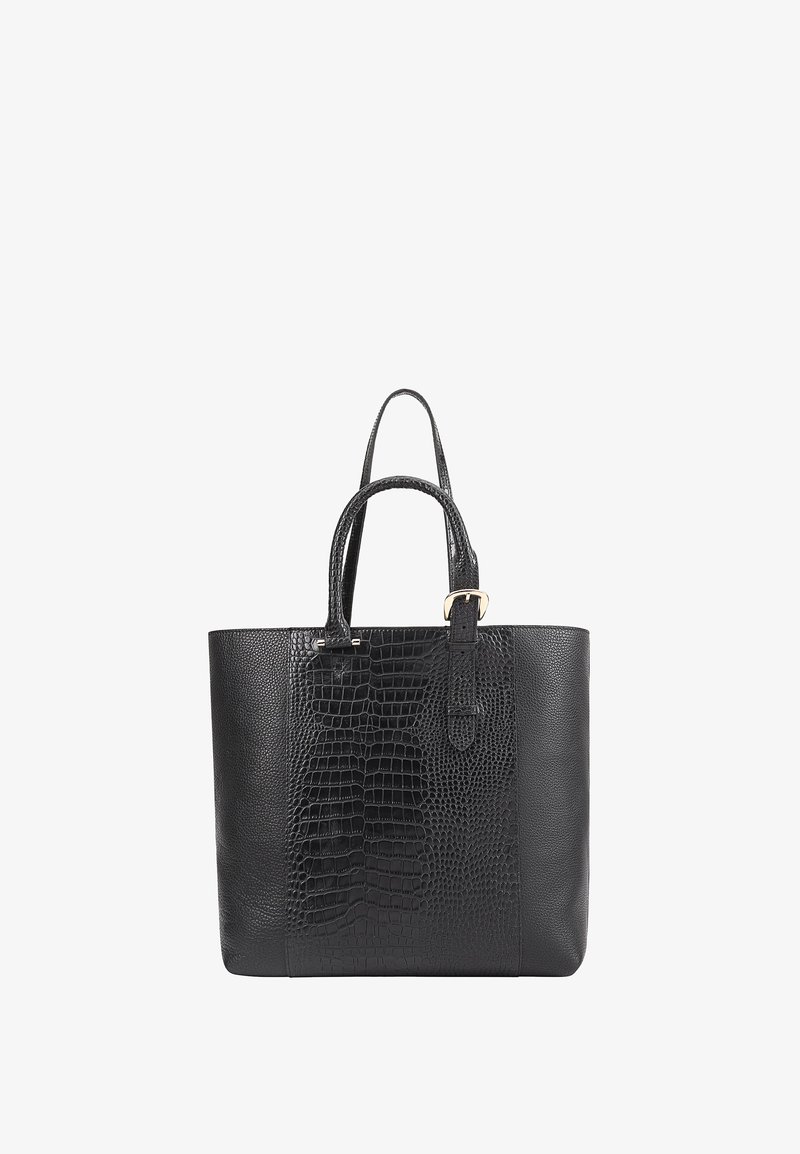 Sac fourre-tout en cuir noir avec un motif crocodile texturé d'un côté, finition lisse de l'autre, poignées doubles et accents en métal doré.