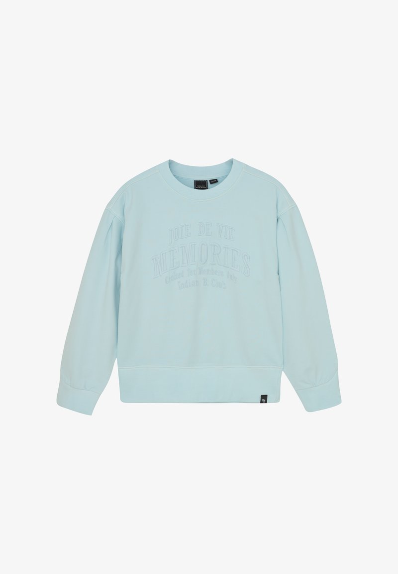 Lyseblå sweatshirt med ribbede manchetter og rund hals. Har præget tekst "Joie de Vie MEMORIES" på forsiden og et mærke ved kanten.