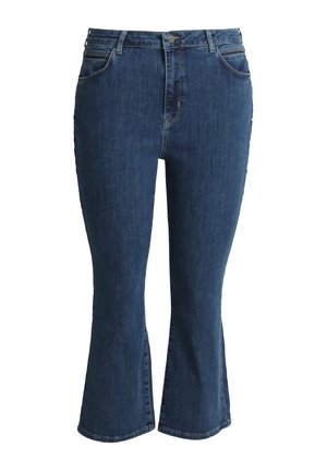 Mørkeblå denimjeans med høj talje, knap foran, lynlås og let udvidede ben.