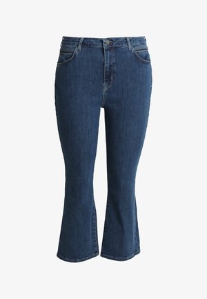 Granatowe jeansy denim z wysokim stanem, z przodu zapinane na guzik, z zamkiem błyskawicznym i lekko rozszerzanymi nogawkami.