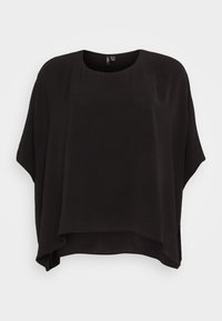 Black, loose-fitting top with short sleeves, featuring a round neckline and a flowing, textured fabric. Hemline falls below the waist.