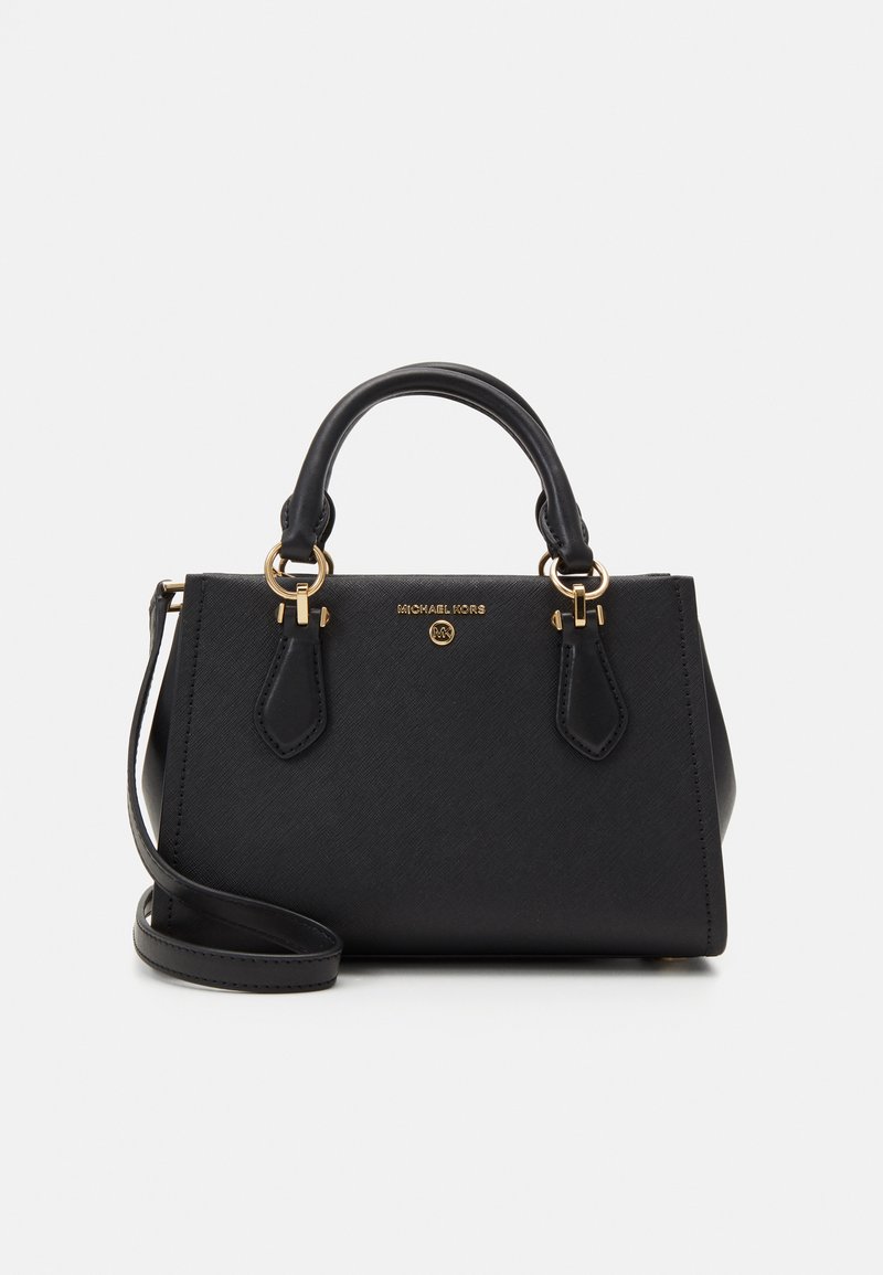 Black leather handbag with a textured finish, dual top handles, detachable shoulder strap, gold-tone hardware, and embossed logo detail.