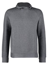 Harmaa huppari, jossa on korkea kaulus, raglan-hihat, ribbed-rannekkeet ja sileä pinta. Design on yksinkertainen ilman kuvioita tai raskasta varustusta.