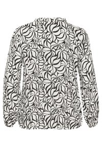 Chemisier noir et blanc à manches longues avec un motif en feuilles tourbillonnantes. Fabriqué en tissu léger avec des manches froncées et un col rond.