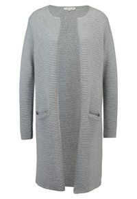 Lichtgrijze, lange mouw open voor cardigan met horizontale ribbelstructuur en twee voorzakken.