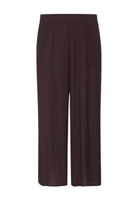 Dark brown wide-leg pants featuring a textured fabric, an elastic waistband, and a relaxed silhouette with no visible patterns or accents.
