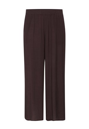 Pantalons larges de couleur brun foncé en tissu texturé, avec une taille élastique et une silhouette décontractée, sans motifs ni accents visibles.
