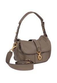 Grey leather handbag with a flap closure, gold hardware accents, adjustable shoulder strap, and a textured surface. Compact design.