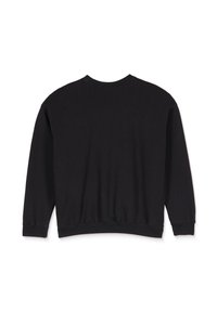 Sort sweatshirt med lange ærmer, en ribbet krave og et tætsiddende talje. Glat tekstur uden synlige mønstre eller detaljer.
