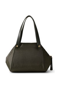 Sac à main texturé vert foncé avec deux longues bandoulières noires et des tirettes de fermeture éclair dorées sur fond blanc.