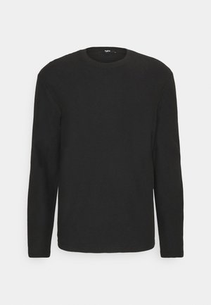 Schwarzer Pullover mit langen Ärmeln und Rundhalsausschnitt, schlichtes Design, auf neutralem grauem Hintergrund dargestellt.