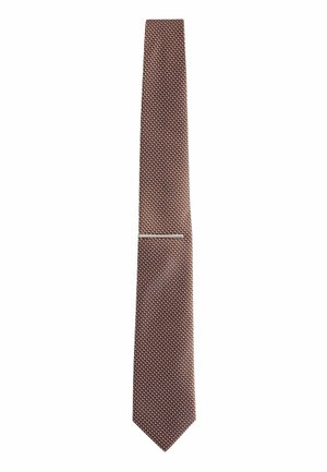 Brown textured necktie with small dotted pattern and silver tie bar on white background.