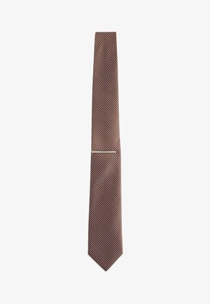 Brown textured necktie with small dotted pattern and silver tie bar on white background.