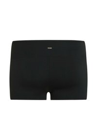 Shorty noir en tissu lisse et extensible. Coupe taille moyenne avec un logo sur la ceinture. Sans motifs supplémentaires.