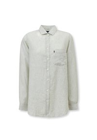 Chemise vert clair à boutons avec des rayures blanches verticales, dotée d'une poche poitrine et d'un col pointu. Confectionnée dans un tissu doux et texturé.