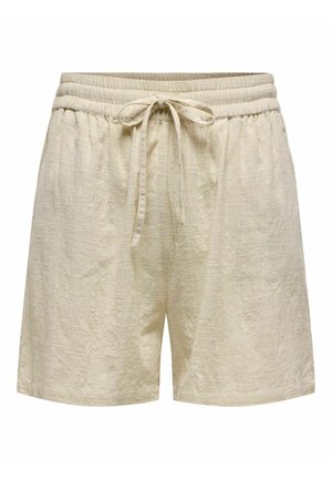 Linnen shorts in lichtbeige met een gestructureerd oppervlak, voorzien van een elastische tailleband en een verstelbare koordsluiting.