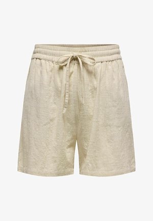 Shorts en lin de couleur beige clair avec une surface texturée, dotés d'une taille élastique et d'un cordon de serrage ajustable.