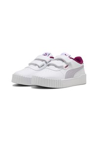Sneakers bianchi con fasce in Velcro, caratterizzate da un accento viola sul tallone e una suola bianca rigata. Realizzate in materiale sintetico liscio.