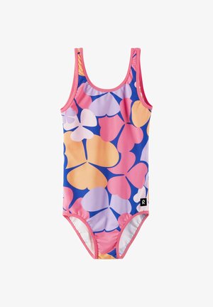 Eénstuks badpak met grote, meerkleurige hartvormige bloemenpatronen in roze, paars, geel en blauw, met roze bies en een klein logolabel.