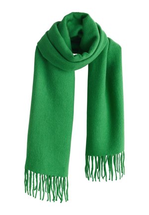 Világoszöld gyapjú sál rojtos végekkel, hurok alakban hajtva fehér háttér előtt bemutatásra.