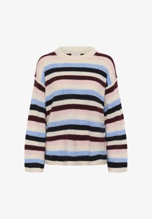 Mitmevärviline triibuline sviiter, millel on horisontaalsed triibud kreemi, heleroosa, sinise, burgundi ja musta värviga. Soe kootud ning ribidega mansetid.