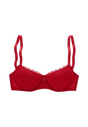 Red lace bra with molded cups, scalloped edges, and adjustable satin straps. Center bow detail adds a decorative accent.