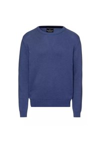 Niebieski sweter dzianinowy, z okrągłym dekoltem, długimi rękawami, prążkowanymi mankietami i dolnym wykończeniem, wykonany z miękkiego materiału o gładkiej teksturze.