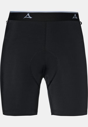 Schwarze Radshorts aus dehnbarem Material mit gepolstertem Einsatz, mit einem breiten schwarzen Bund und dezentem Markenlogo oben.