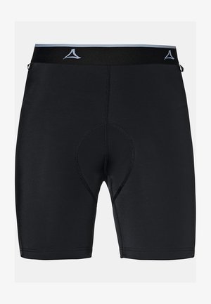 Schwarze Radshorts aus dehnbarem Material mit gepolstertem Einsatz, mit einem breiten schwarzen Bund und dezentem Markenlogo oben.