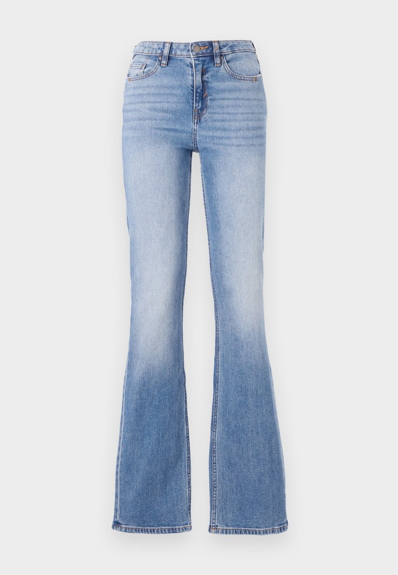Hellblaue Denim-Jeans mit Flared-Schnitt und hoher Taille, fünf Taschen, und verblasster Textur. Mit Nahtakzenten und Knopfverschluss.