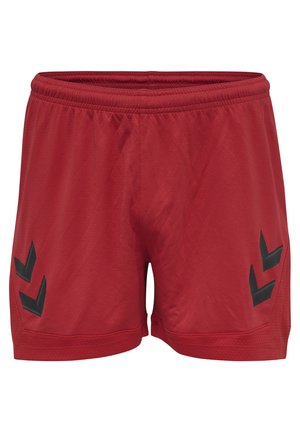Røde sportsshorts lavet af letvægtsstof. Har sorte chevron-detaljer på begge sider og en elastisk talje for komfort.