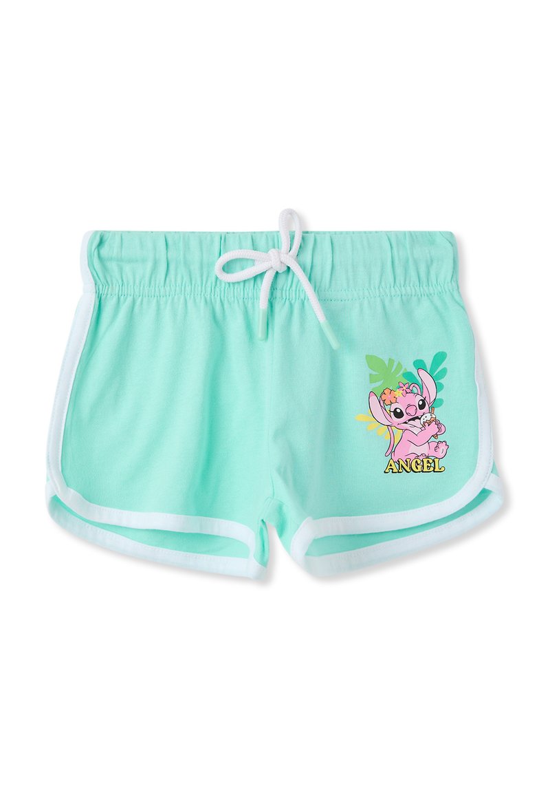Pantaloni corti verde menta con bordi bianchi, vita elasticizzata e coulisse. Presenta un personaggio dei cartoni animati stampato e la parola "ANGEL."