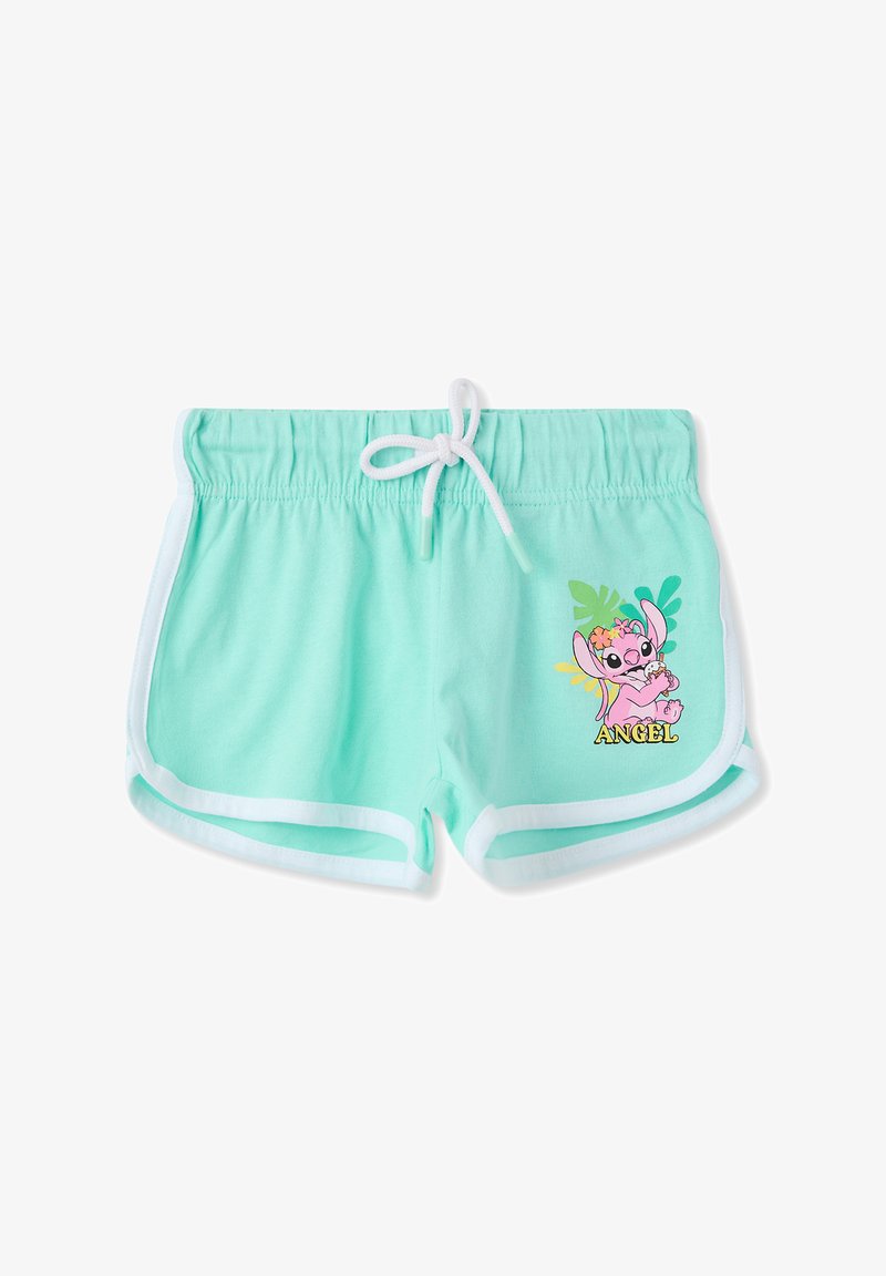 Pantaloni corti verde menta con bordi bianchi, vita elasticizzata e coulisse. Presenta un personaggio dei cartoni animati stampato e la parola "ANGEL."