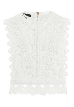 Weißes ärmelloses Spitzentop mit Blumenmustern, welligen Kanten und einem goldfarbenen Reißverschluss hinten.