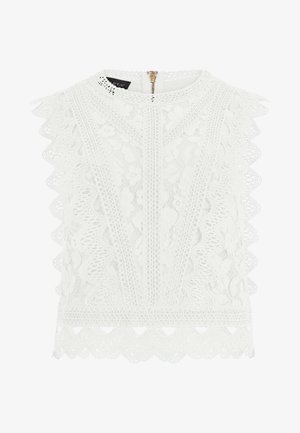 Weißes ärmelloses Spitzentop mit Blumenmustern, welligen Kanten und einem goldfarbenen Reißverschluss hinten.