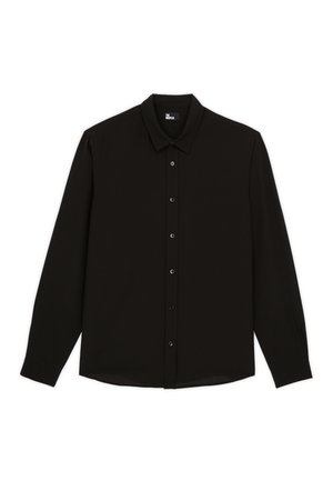 Camisa negra de manga larga con botones y cuello, mostrada extendida sobre un fondo blanco.