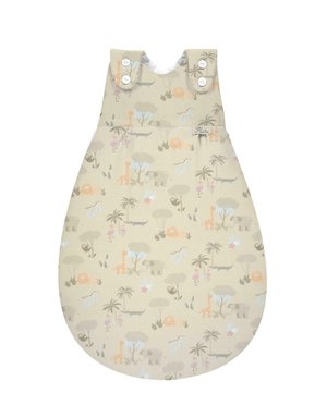 Light beige sleeping sack featuring animal and tree patterns in pastel colors, with snap buttons at the shoulders and a rounded bottom.