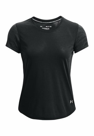 Zwart sportief T-shirt met korte mouwen van mesh, ronde hals, afgeronde zoom en klein Under Armour-logo rechtsonder op de voorkant.
