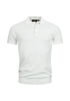 White short-sleeve knitted polo shirt with a three-button placket and ribbed collar and cuffs, displayed on a plain background.