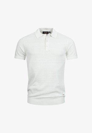 White short-sleeve knitted polo shirt with a three-button placket and ribbed collar and cuffs, displayed on a plain background.