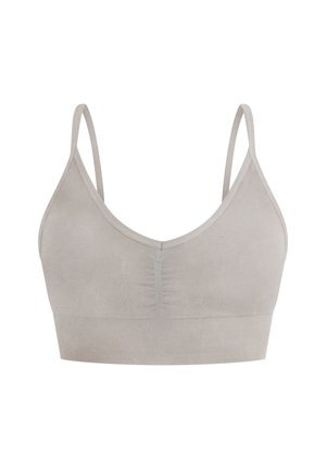 Hellgrauer Sport-BH mit verstellbaren Trägern, V-Ausschnitt-Design, subtiler Textur und Raffung in der Mitte vorne.